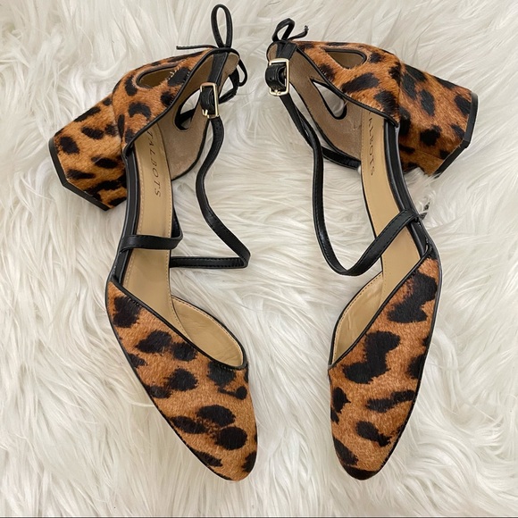 Talbots calf hair block heel heels 8 brown leather strap bow cheetah leopard - Picture 7 of 12